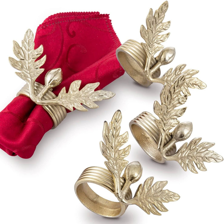 Set of 4, Olive Branch Napkin Rings, Brass Tone Aluminum Napkin Rings with Olive & Leaf Design, Cloth Serviette Holders-MyGift