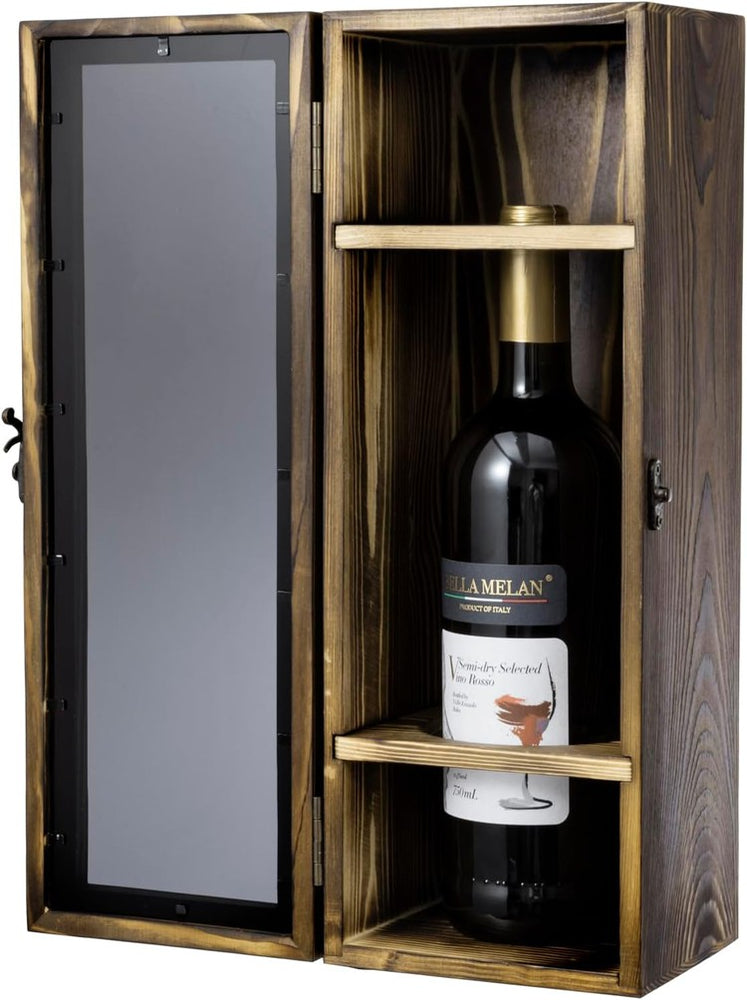 Brown Wood Wine Bottle Gift Box, Decorative Wine Collector Storage Case with Metal Latch Closure-MyGift