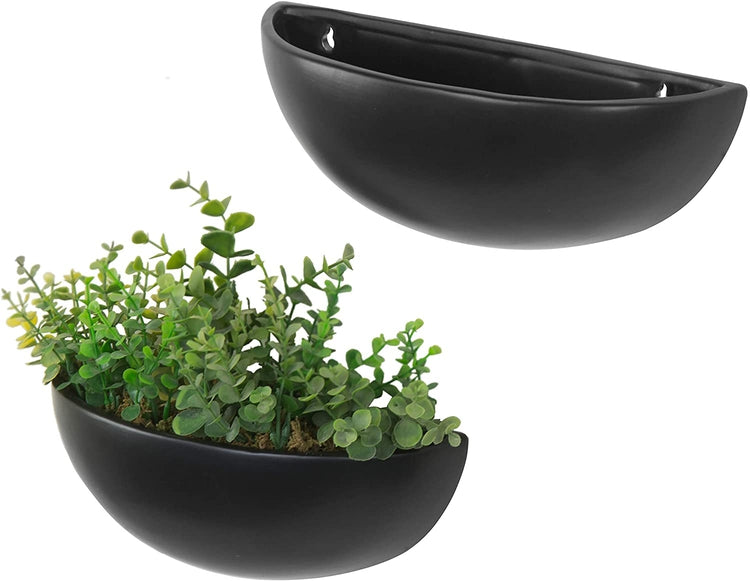 Set of 2, 12 Inch Matte Black Ceramic Half-Moon Wall Mounted Planter-MyGift