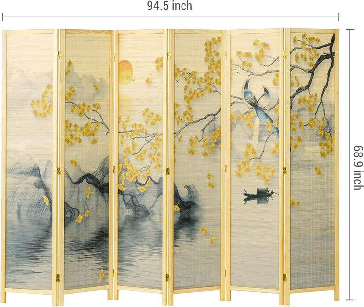 Paneled Bamboo Room Divider with Dual Sided Birds Gingko Biloba Tree Sunset Design, Freestanding Folding Privacy Screen-MyGift