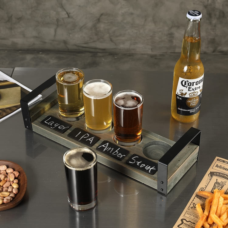 MyGift Burnt Brown Wood Beer Flight Tasting Sampler Server Set with 4 Beer  Glasses, Chalkboard Label & Black Metal Handle