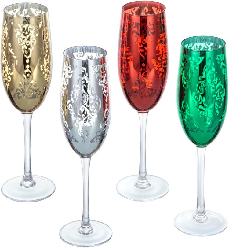 Set of 4, 6 oz Christmas Metallic Plated Stemmed Champagne Flutes, Holiday Multicolored Toasting Sparkling Wine Glasses-MyGift