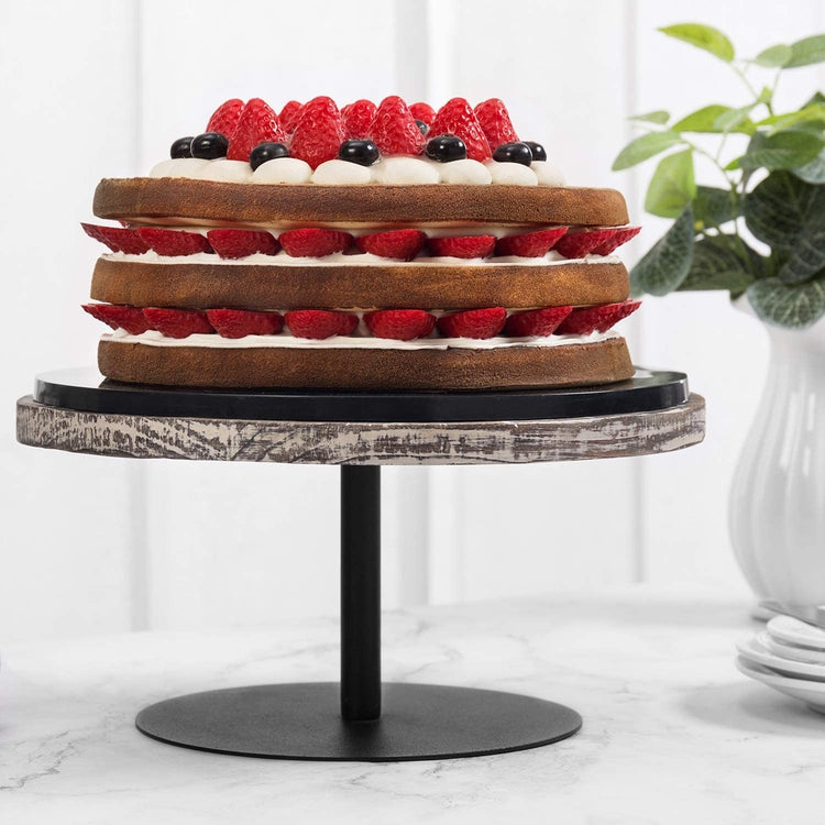 12-Inch Round Torched Wood and Black Metal Server Dessert, Cake Stand-MyGift