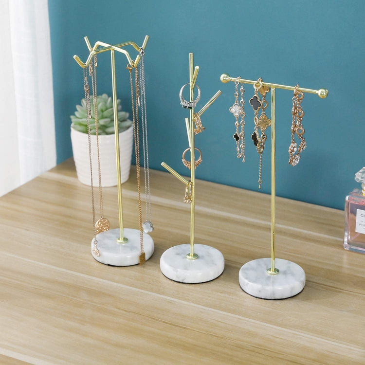 3 Piece Set, Brass Tone Metal Jewelry Organizer Racks with White Marble Bases-MyGift