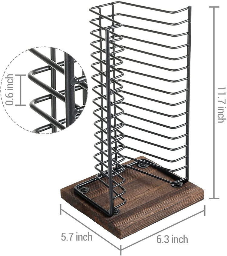 Matte Black Metal Wire and Burnt Wood Base Compact Disc Holder Vertical Storage CD Display Rack, Holds 15 Jewel Cases-MyGift