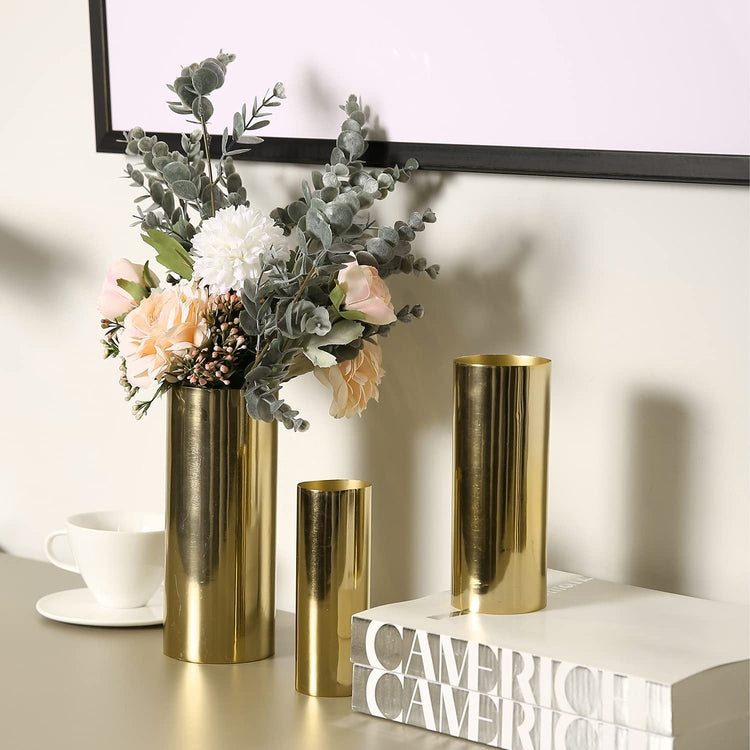Tall Brass Tone Metal Cylinder Flower Vases, Set of 3 – MyGift