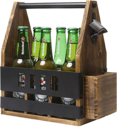 6-Bottle Wooden Beer Crate with Metal Opener