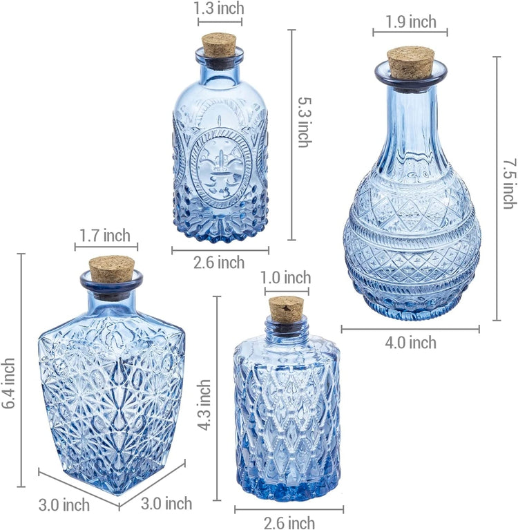 Set of 4, Small Blue Glass Reed Diffuser Bottles, Embossed Apothecary Style Flower Bud Vases with Cork Lids-MyGift