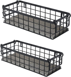 Wall Mounted or Tabletop Black Metal Wire and Burnt Wood Small Decorative Storage Baskets, Set of 2