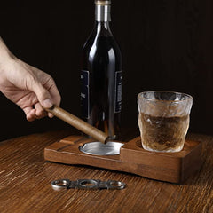 Wood Cigar Holder with Silver Metal Ashtray and Scotch Glass