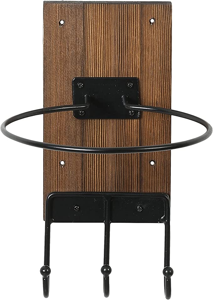 Wall Mounted Matte Black Metal Sports Ball Holder with Rustic Burnt Wood Backing and 3 Utility Storage Hooks-MyGift