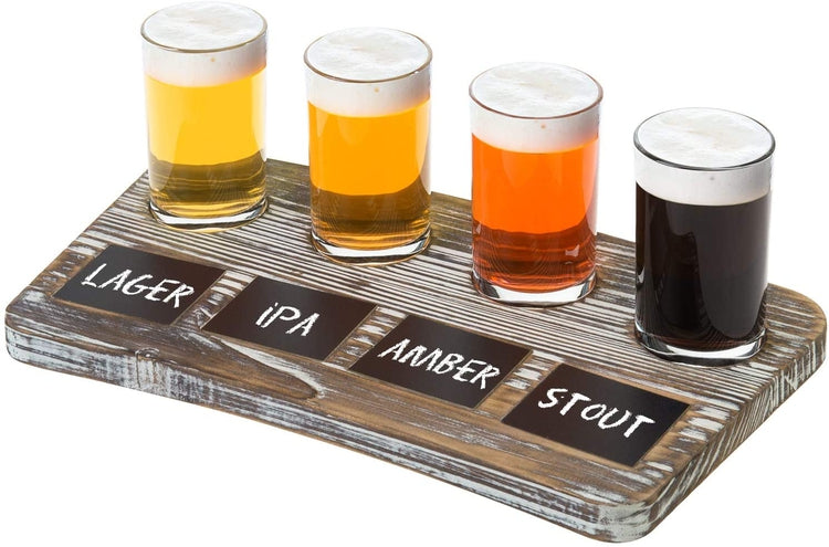 Torched Wood Beer Flight Board with 4 Beer Mugs and Erasable Chalkboar –  MyGift