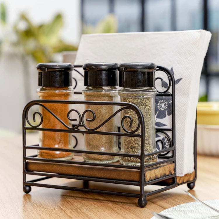 Tabletop Black Metal and Burnt Wood Napkin Holder with Spice Condiment Bin Rack with Vintage Scrollwork Design-MyGift