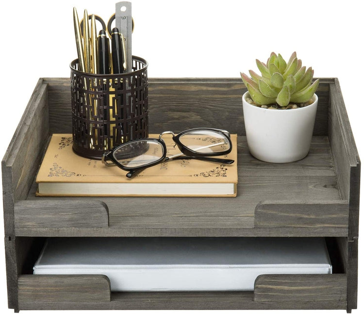 Gray Wood Desktop Paper Tray Document Organizer, Desk File Folder