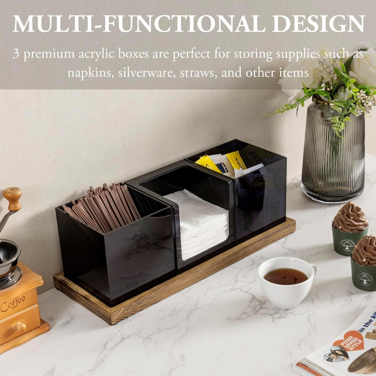 Modular Coffee and Tea Station Organizer with 3 Removable Black Acrylic Compartments and Burnt Wood Decorative Tray-MyGift