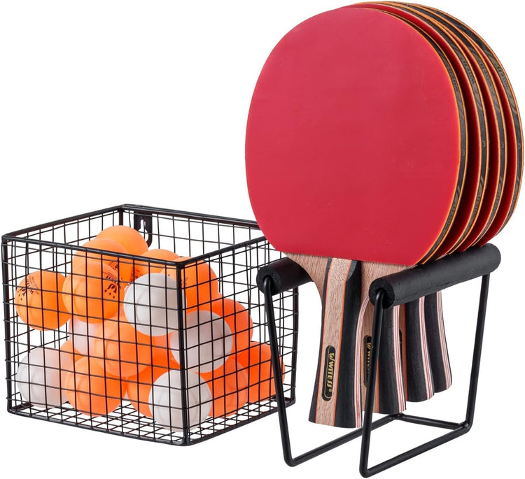 Wall Mounted Black Metal Table Tennis Racket and Ball Storage, Hanging Organizer with Paddle Rack, Ping Pong Ball Basket-MyGift