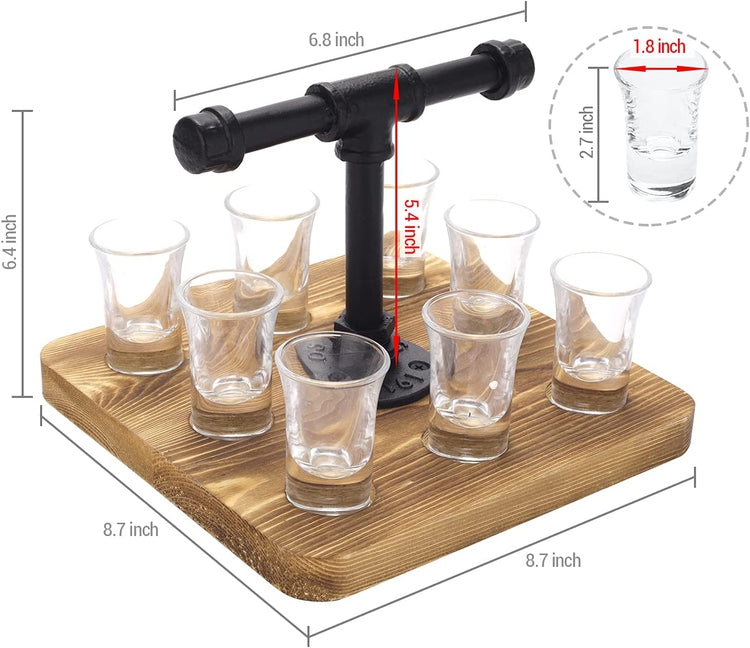 9-Piece Burnt Wood Shot Glass Serving Tray Set with Industrial Pipe Handle, Includes 8 Shot Glasses-MyGift