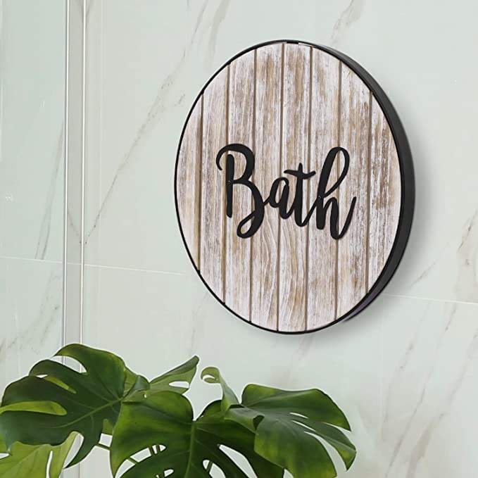 MyGift Wall Mounted Hot Tub Bathroom Towel Rack Whitewashed Wood and Black Metal - Bath Cutout Design Decor Hanging Bath Holder Organizer with 4