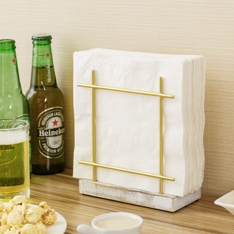 Brass-Tone Wire Metal Upright Napkin Holder with White Weathered Base, Napkin Holder-MyGift