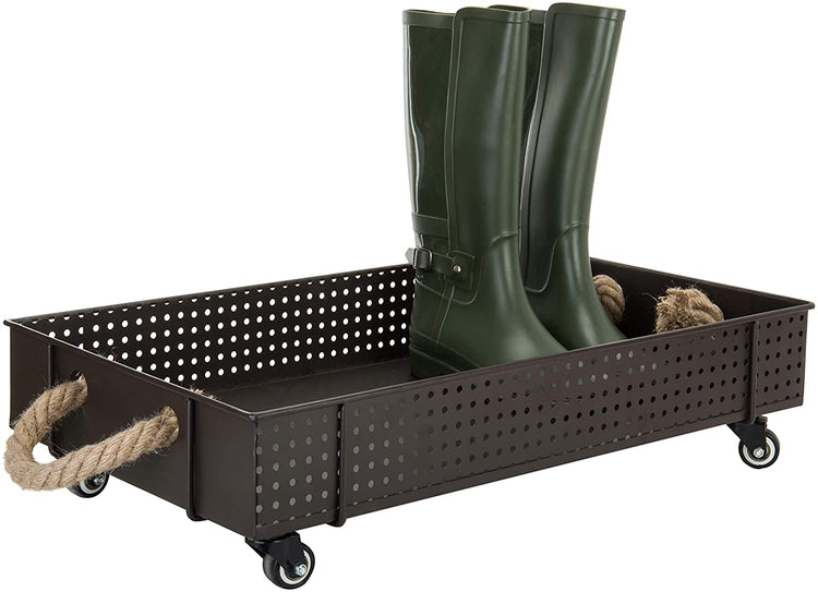 Industrial Brown Metal Rolling Shoe and Boot Cart Rack MyGift