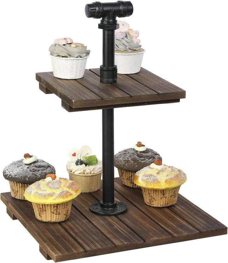 Burnt Wood and Black Metal Industrial Pipe 2-Tier Cupcake Holder Display  Rack Stand