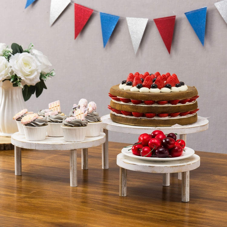 Set of 3 Round Whitewashed Wooden Cake Stand Display Risers-MyGift