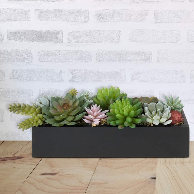 12 Inch Artificial Succulent Plants Arrangement in Black Rectangular Wood Planter Box-MyGift