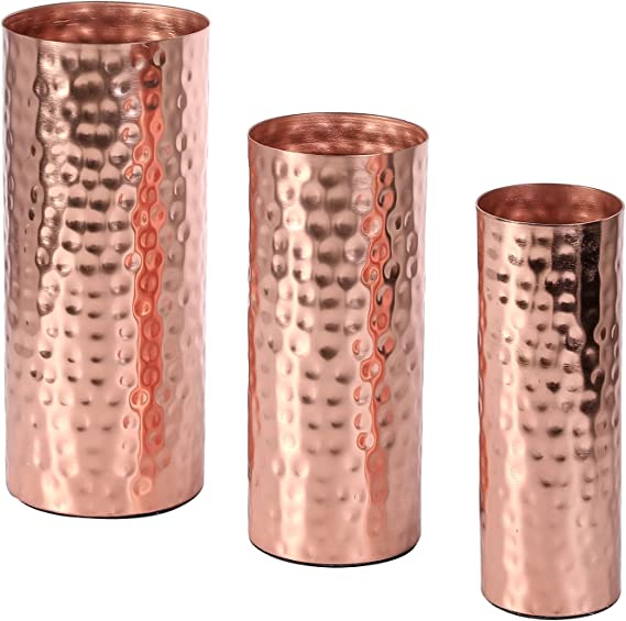 Modern Centerpiece, Decorative Copper Tone Metal Tall Cylinder Flower Vases, Set of 3 (Large, Medium, Small Sizes)-MyGift