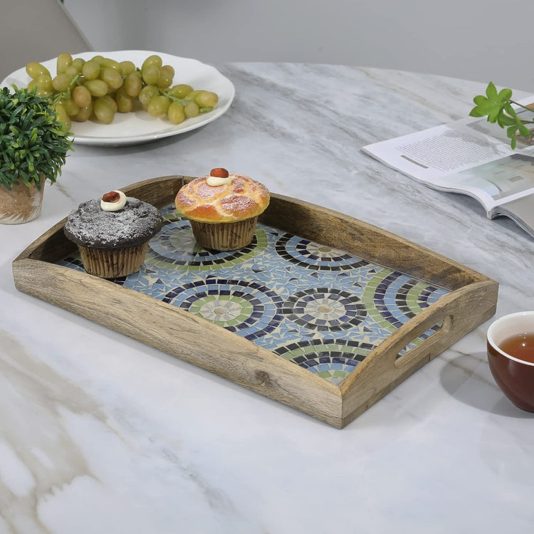 Mango Wood and Mosaic Serving Tray, Rectangular Blue Green Glass Decorative Ottoman Tray with Cutout Handles-MyGift