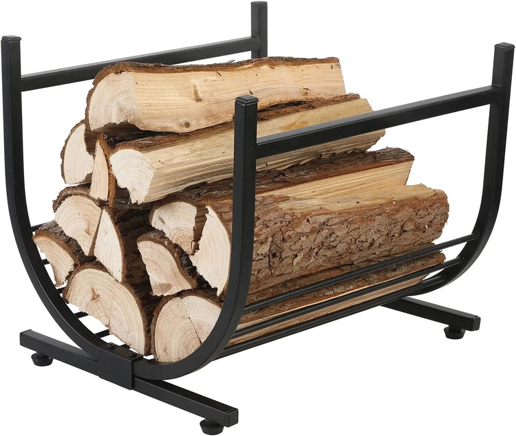 Industrial Firewood Rack, Matte Black Metal Freestanding U-Shape Log Holder, Compact Fireplace Storage Firewood Caddy-MyGift