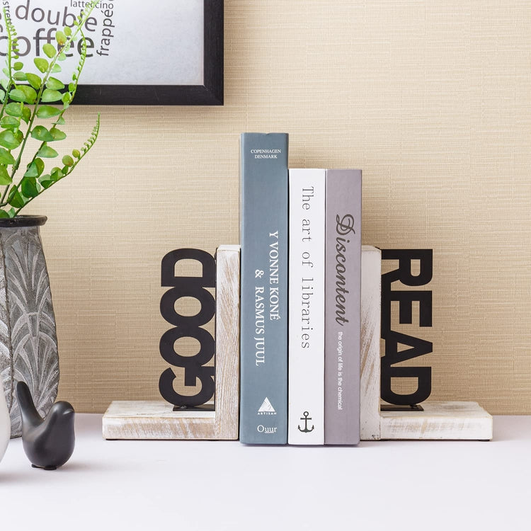 L-Shaped Decorative Bookends, Whitewashed Wood and Matte Black Metal Book Holders with GOOD and READ Block Letter Design-MyGift