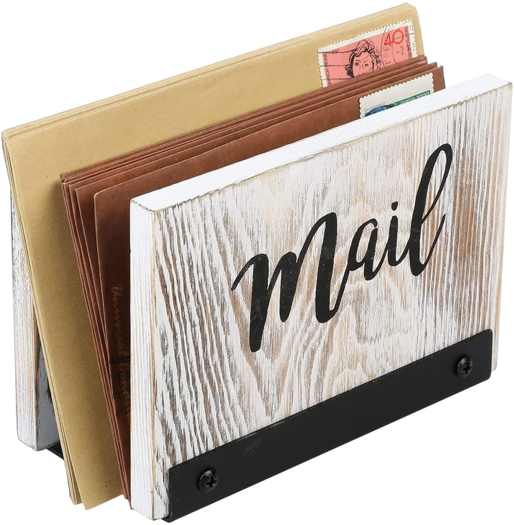 Mail Holder Letter Sorter, Desk Organizer in Whitewashed Wood and Matte Black Metal with MAIL Cursive Print-MyGift