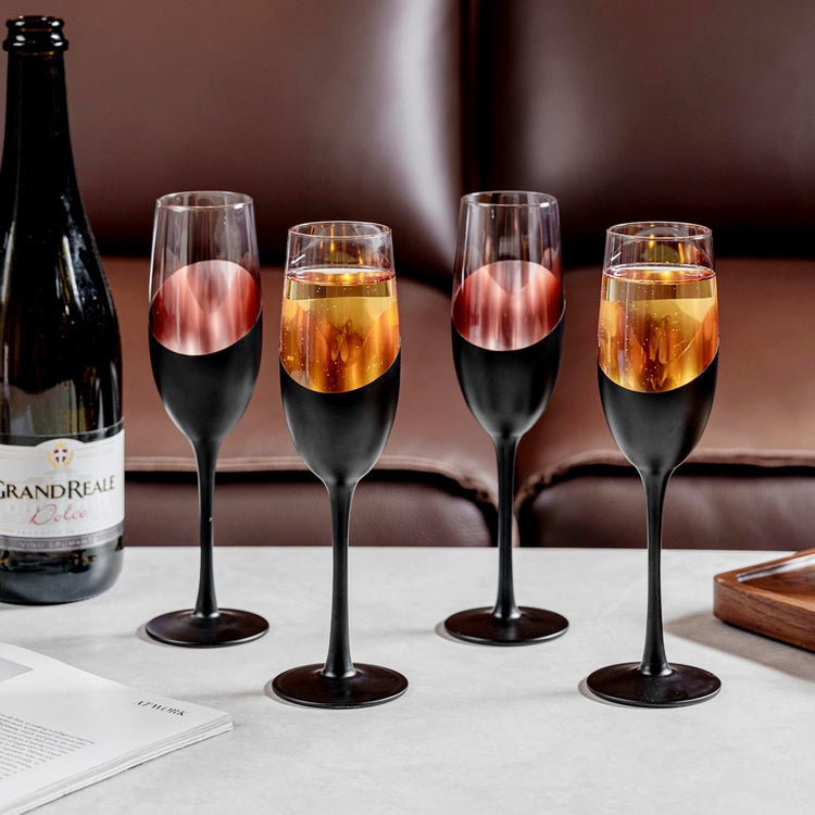 Set of 4, 8oz Stemmed Champagne Flutes with Angled Matte Black and Copper Plated Accent, Sparkling Wine Stemware-MyGift