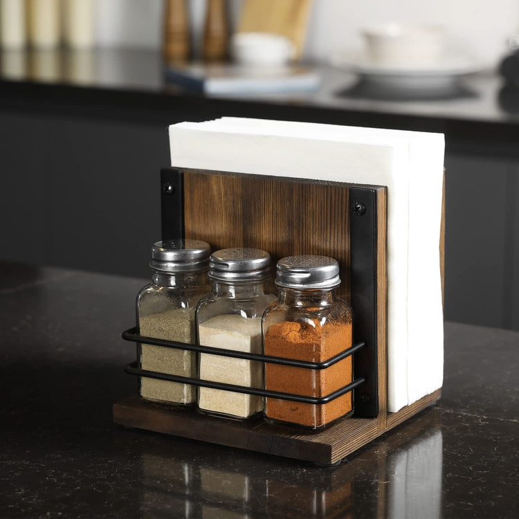 SALT AND PEPPER SHAKERS WITH BLACK WIRE CADDY