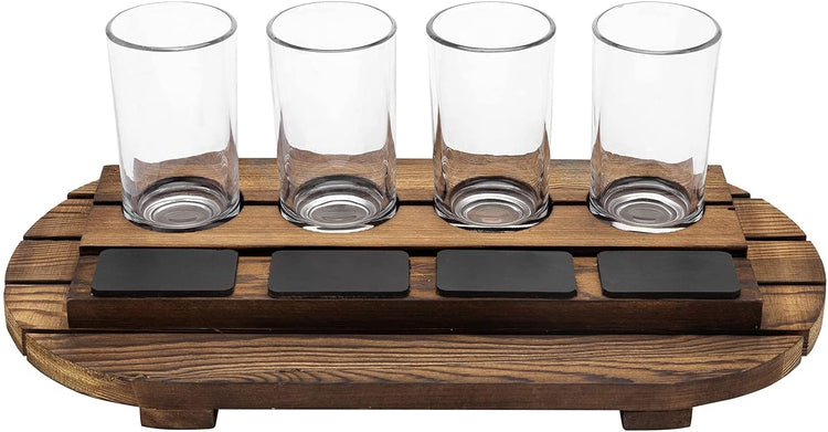 MyGift Dark Brown Slatted Wood Beer Flight Tasting Sampler Tray with 4 Glass Cups and Mini Chalkboards