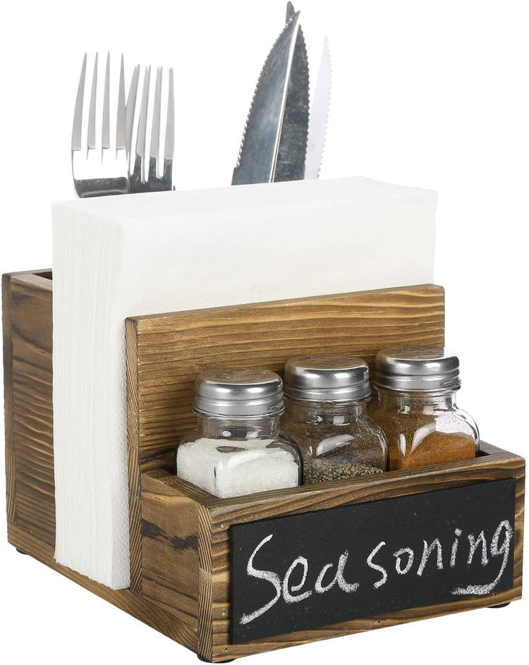 All-in-one Brown Wood Condiment Serving Caddy with Napkin Holder, Dining Utensil Organizer, 3 Salt & Pepper Shakers and Chalkboard Surface-MyGift