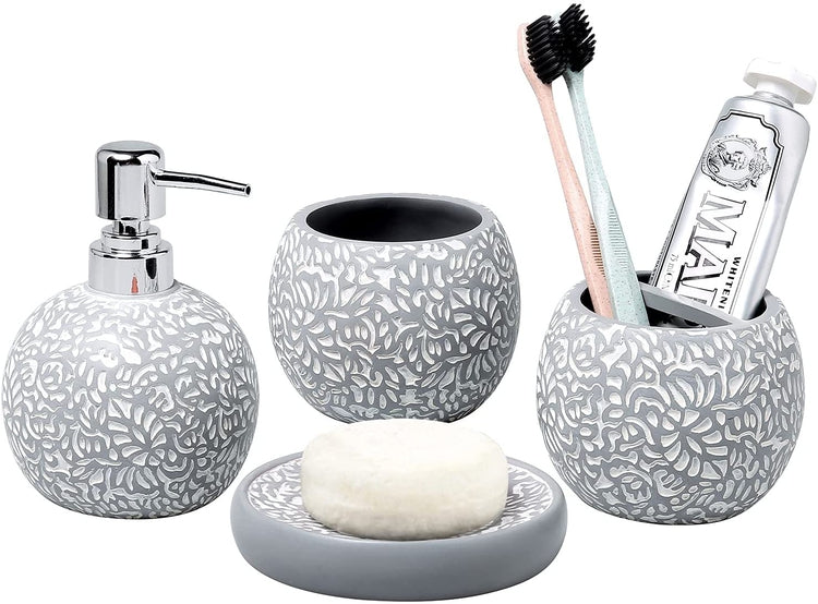 4 Piece Gray Embossed White Floral Pattern Bathroom Accessory Set with –  MyGift