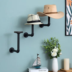 Decorative Metal Pipe & Wood Wall Mounted Hat & Wig Holder Hooks Rack, Set  of 3