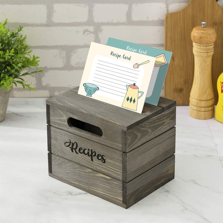 Vintage Gray Wood Recipe Card Box Holder with Wooden Labeled Dividers-MyGift