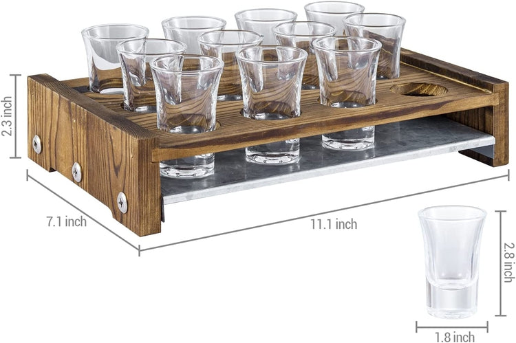 10 Square Shot Glasses, Burnt Wood and Brass Metal Shot Glass Tray Serving  Set