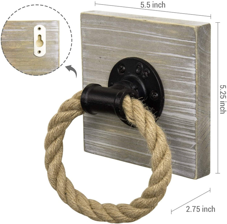 Brown Whitewashed Rustic Wood and Industrial Pipe Wall Mounted Rope Towel Ring-MyGift