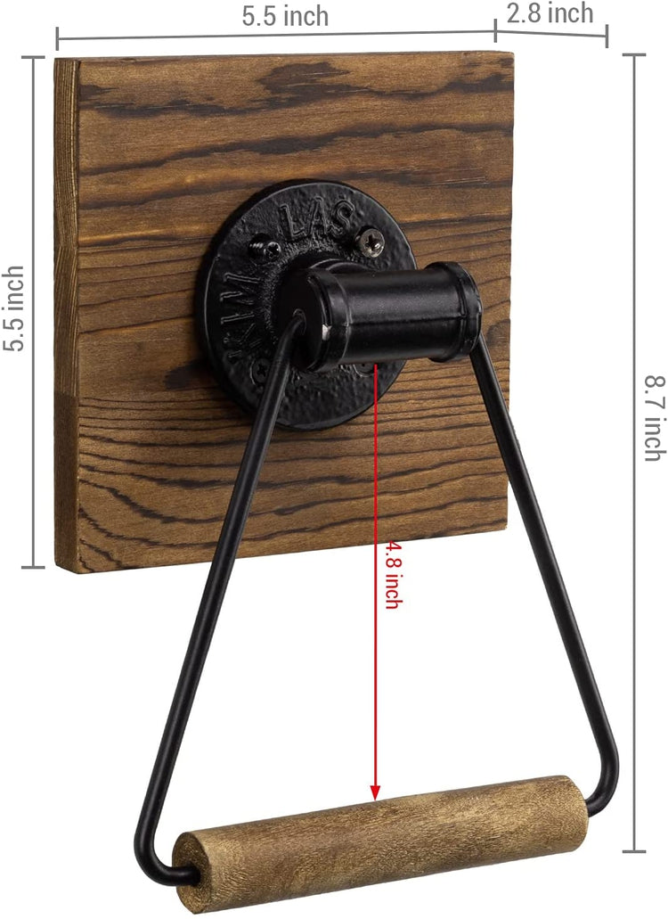 Dark Brown Burnt Wood and Industrial Black Metal Pipe Wall Mounted Towel Ring-MyGift