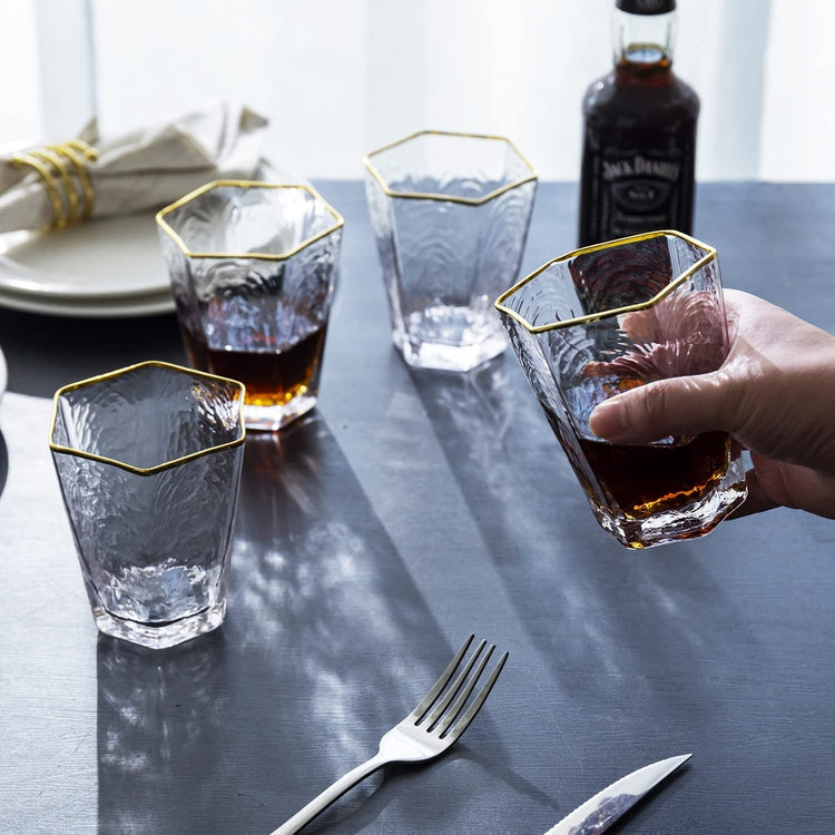 Geometric Shape Design Gold-tone Rimmed Whiskey Tumbler Glasses, Set of 4