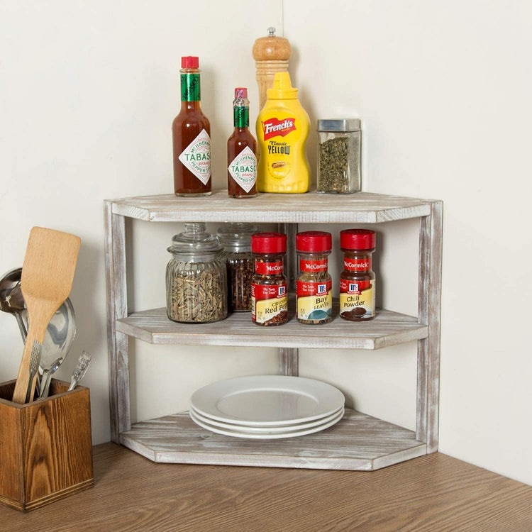 3-Tier Whitewashed Brown Wood Kitchen Counter Top Corner Organizer Shelf-MyGift