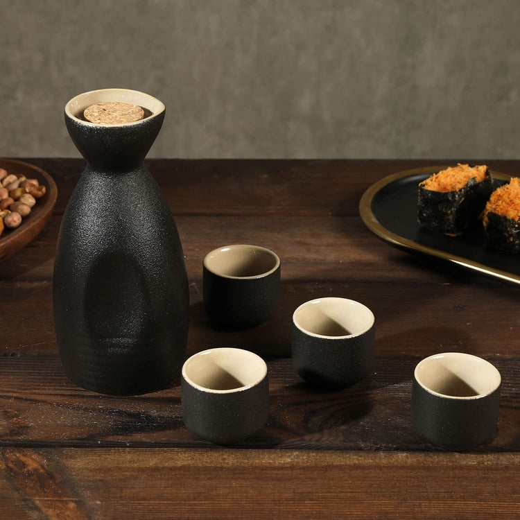 5 Piece Japanese Style Matte Black and Tan Ceramic Sake Set, Includes Carafe and 4 Glasses-MyGift