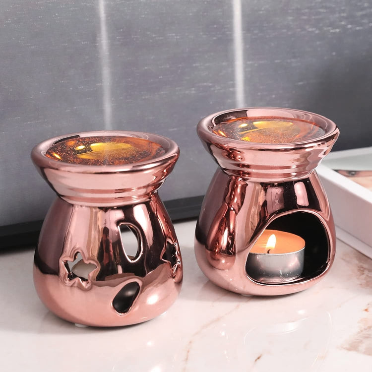 Set of 2, Copper Ceramic Essential Oil Diffuser, Wax Warmer Tealight Candle Holder with Stars and Moon Cutout Design-MyGift