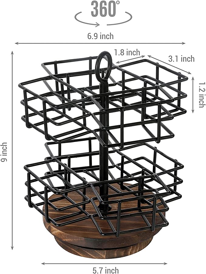 Industrial Matte Black Metal Wire Baskets and Rustic Burnt Wood Carousel Style Tea Bag Organizer Rack Display-MyGift