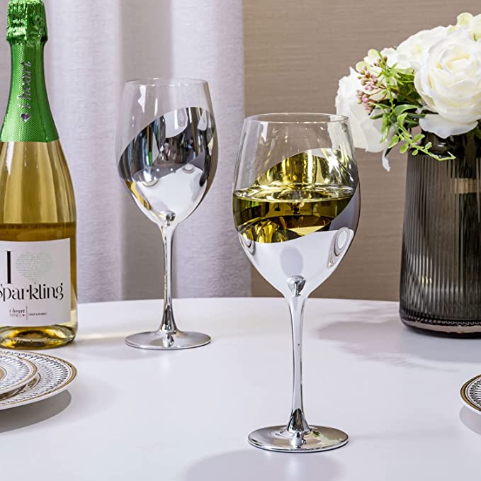 14 Oz Matte Black and Gold Stemmed Titled Design Wine Glasses, Set of 4