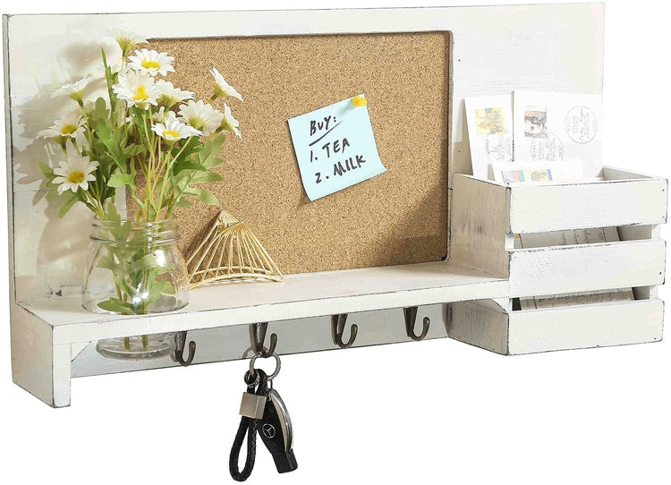 White Wood Entryway Organizer Rack with Cork Board, 4 Knob Style