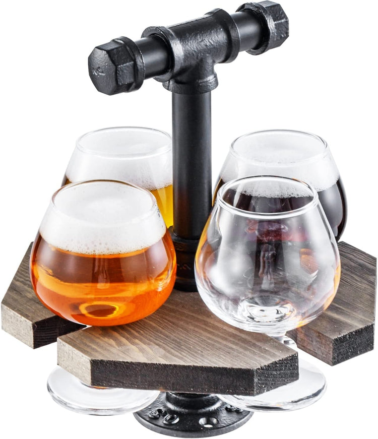 Industrial Pipe & Burnt Wood Beer/Whiskey Flight Set with 4